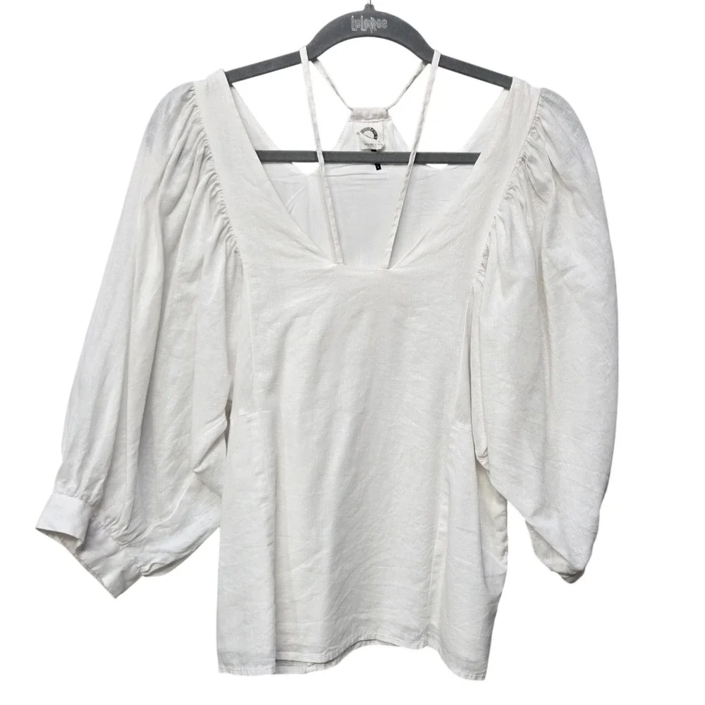 Anthropologie Akemi + Kin Top Small Linen Blend Puff Sleeve Strappy Boho Cottage